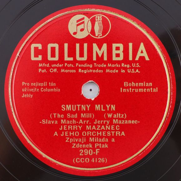 Jerry Mazanec, Smutny Mlyn / Kde Jsi Milko Má 1946 10" 78 rpm Record 290-F Czech - Picture 1 of 16